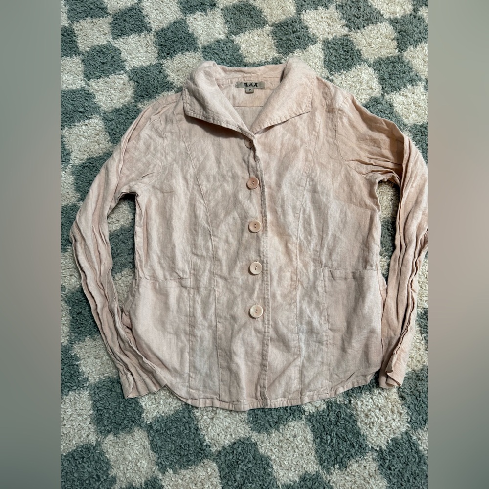 FLAX 100% Linen Pink Collared Long Sleeve Shirt Jacket Shacket Summer Spring P